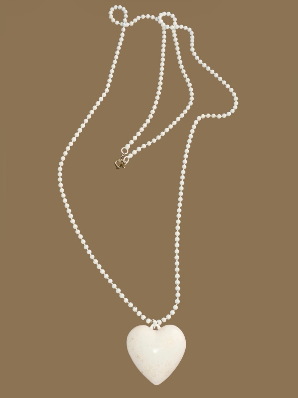 Vintage Long White Bead Necklace Heart Pendant